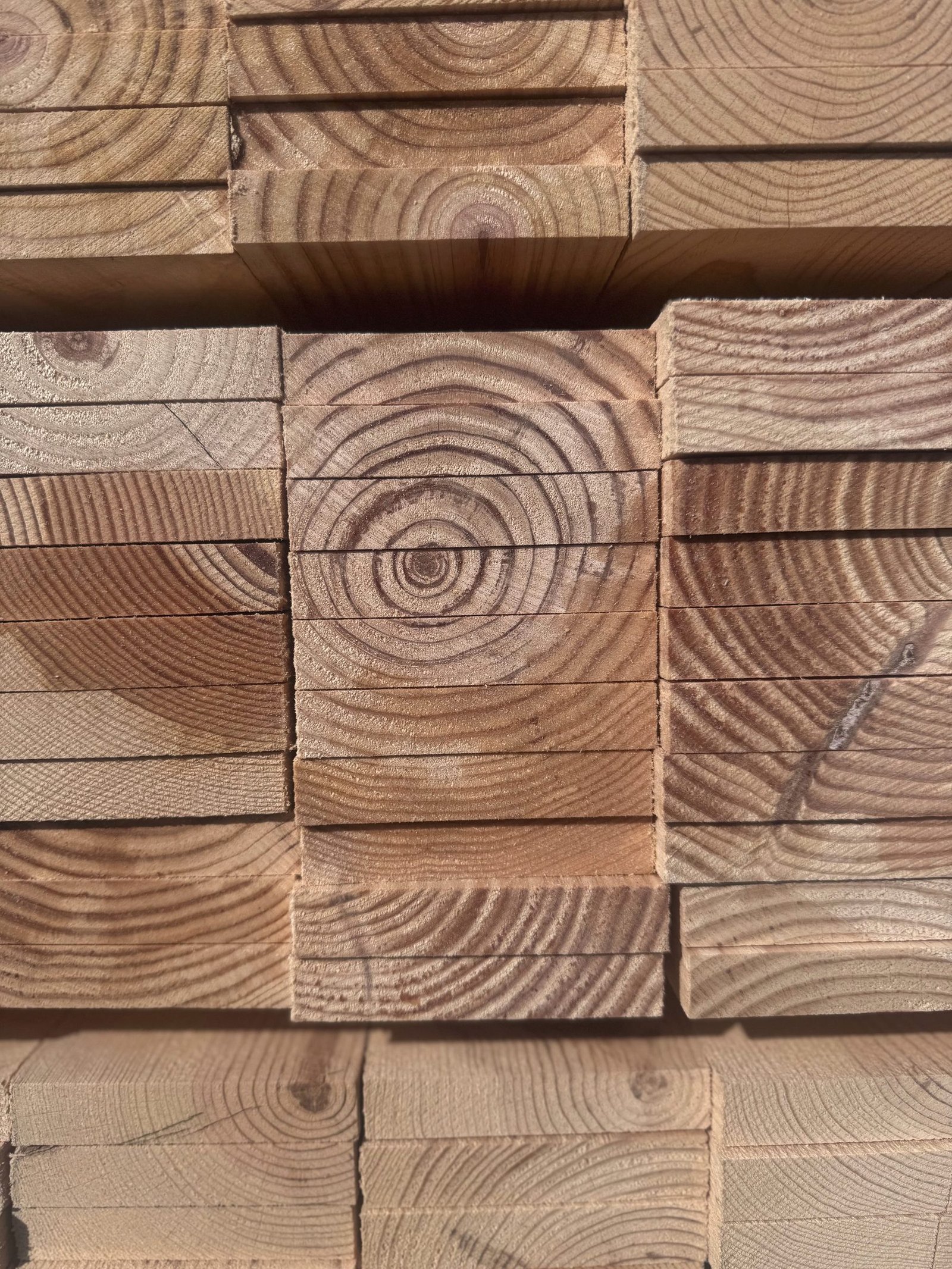 Sawn timber beams stacked end-on, growth rings showing.