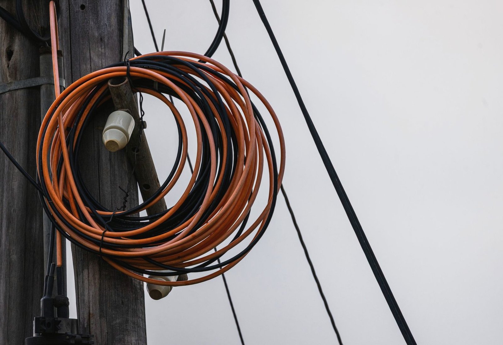 Coiled orange cable fixed to a wooden utility pole.